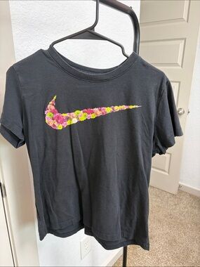 Nike Black Short-Sleeve Tee with Pink & Neon Green Floral Swoosh